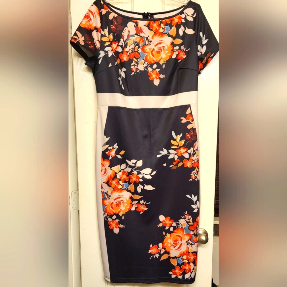 Floral Print Dress - Navy and Orange